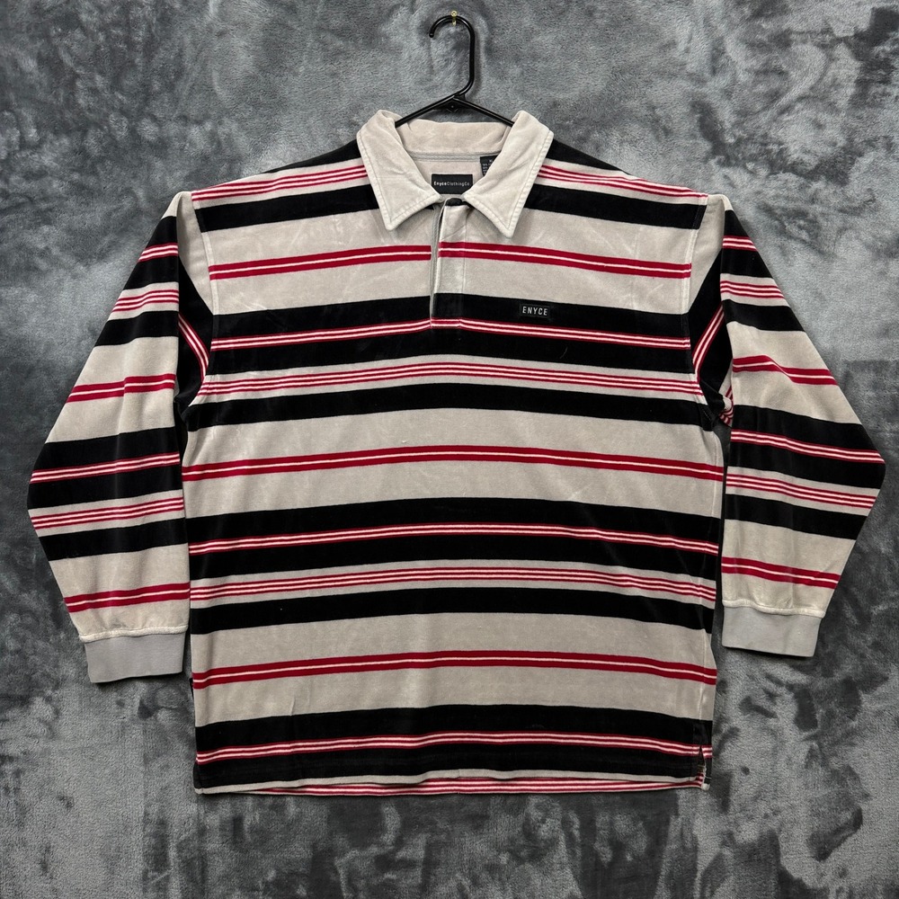 Enyce Polo Shirt Mens XL Gray Striped Velour Long Sleeve Streetwear Y2K Retro